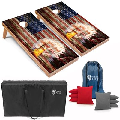 Tailgating Pros Patriotic Eagle US Flag Design Cornhole Board Set w/Bean Bags and Carrying Case - 4'x2' Corn Hole Toss Game - Optional LED Lights