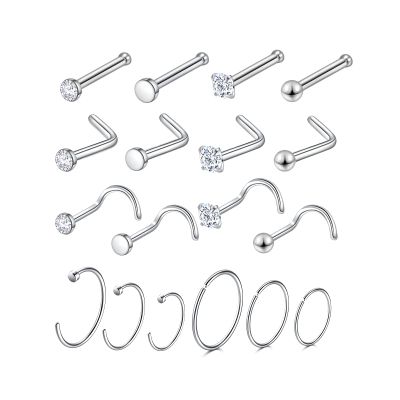 18PCS L Shaped Nose Studs, Surgical Steel Nose Piercing Jewelry, Nose Screw Pack, Endless Hoop Nose Rings for Women and Men, Body Jewelry Set with 6mm 8mm 10mm Hoops