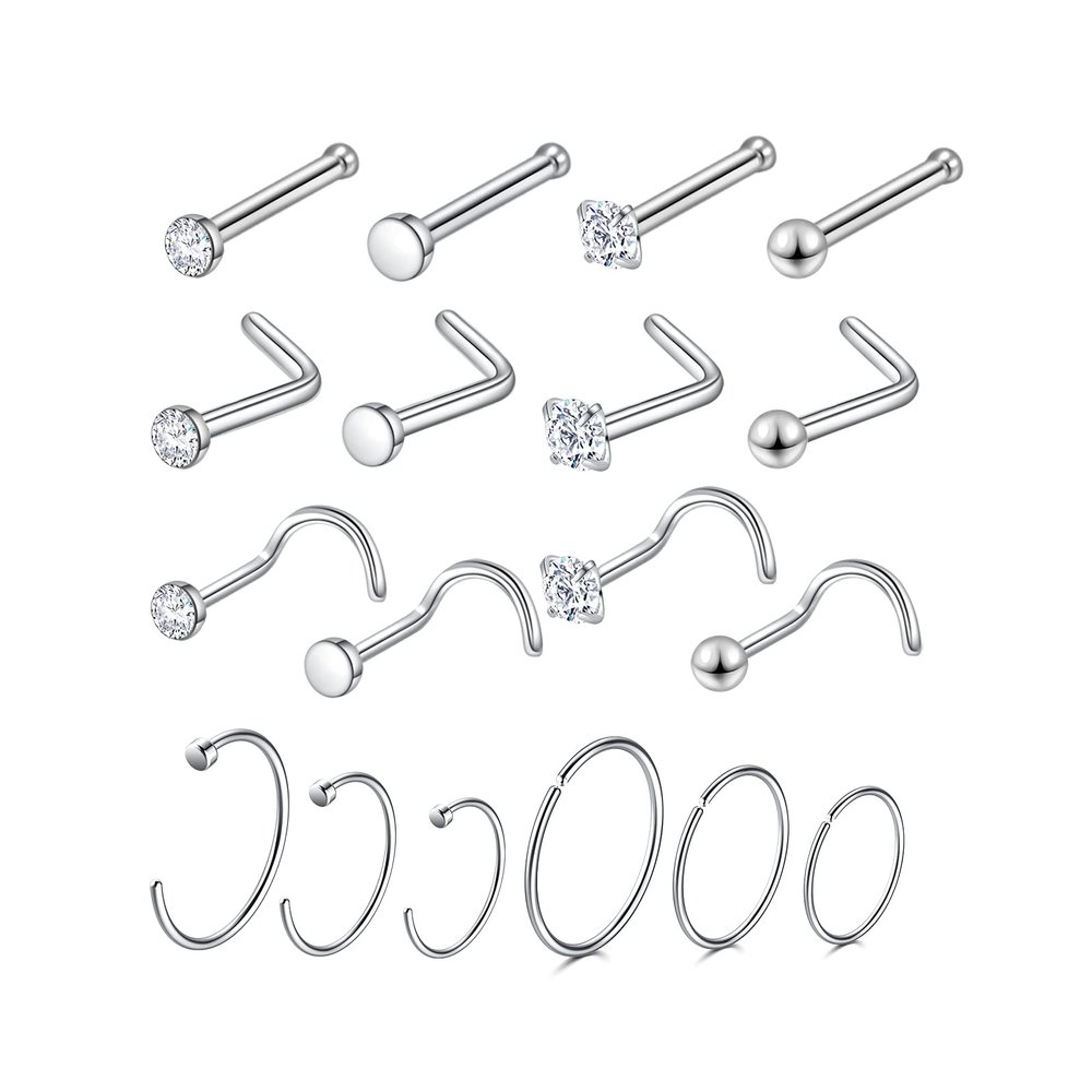 18PCS L Shaped Nose Studs, Surgical Steel Nose Piercing Jewelry, Nose Screw Pack, Endless Hoop Nose Rings for Women and Men, Body Jewelry Set with 6mm 8mm 10mm Hoops
