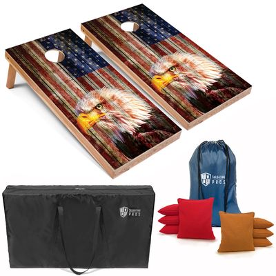 Tailgating Pros Patriotic Eagle US Flag Design Cornhole Board Set w/Bean Bags and Carrying Case - 4'x2' Corn Hole Toss Game - Optional LED Lights