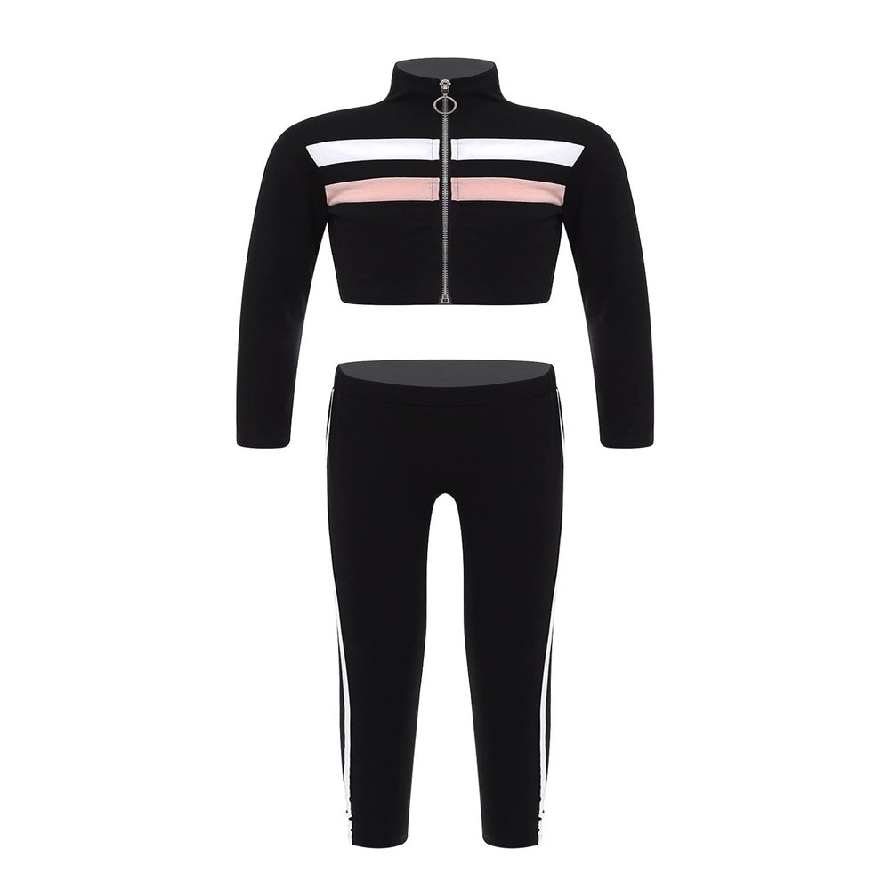 Loodgao Kids Girls Zipper Turtleneck Long Sleeve Crop Top with Leggings Tracksuit Set Gym Yoga Workout Outfits Black 14