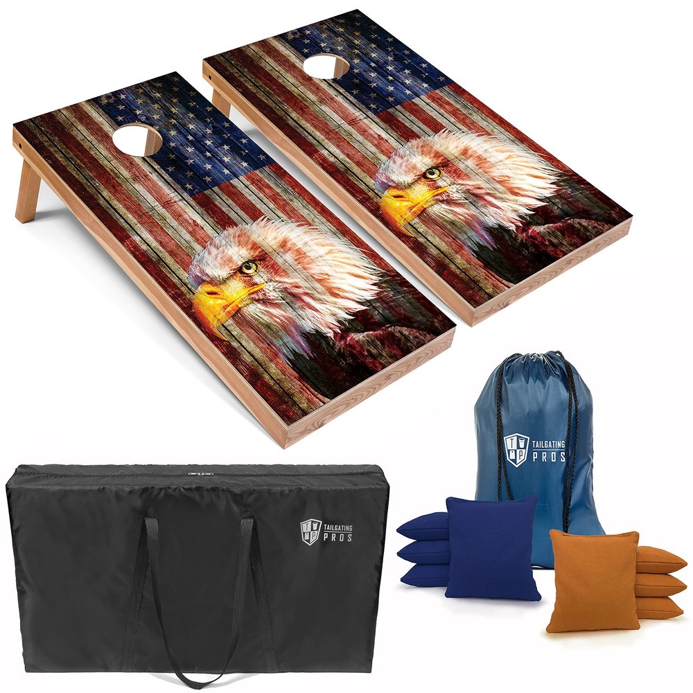 Tailgating Pros Patriotic Eagle US Flag Design Cornhole Board Set w/ Bean Bags and Carrying Case - 4'x2' Corn Hole Toss Game - Optional LED Lights