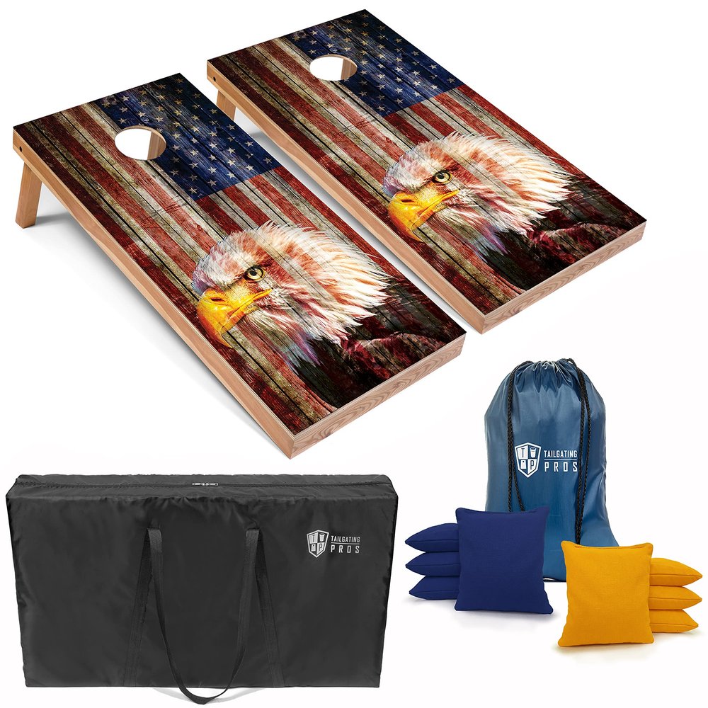 Tailgating Pros Patriotic Eagle US Flag Design Cornhole Board Set w/ Bean Bags and Carrying Case - 4'x2' Corn Hole Toss Game - Optional LED Lights