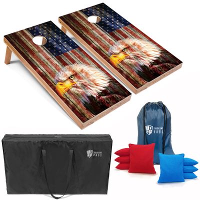 Tailgating Pros Patriotic Eagle US Flag Design Cornhole Board Set w/Bean Bags and Carrying Case - 4'x2' Corn Hole Toss Game - Optional LED Lights