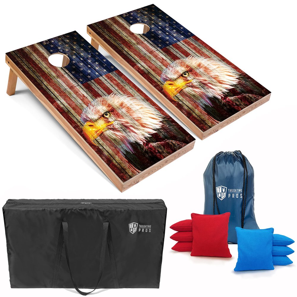 Tailgating Pros Patriotic Eagle US Flag Design Cornhole Board Set w/Bean Bags and Carrying Case - 4'x2' Corn Hole Toss Game - Optional LED Lights
