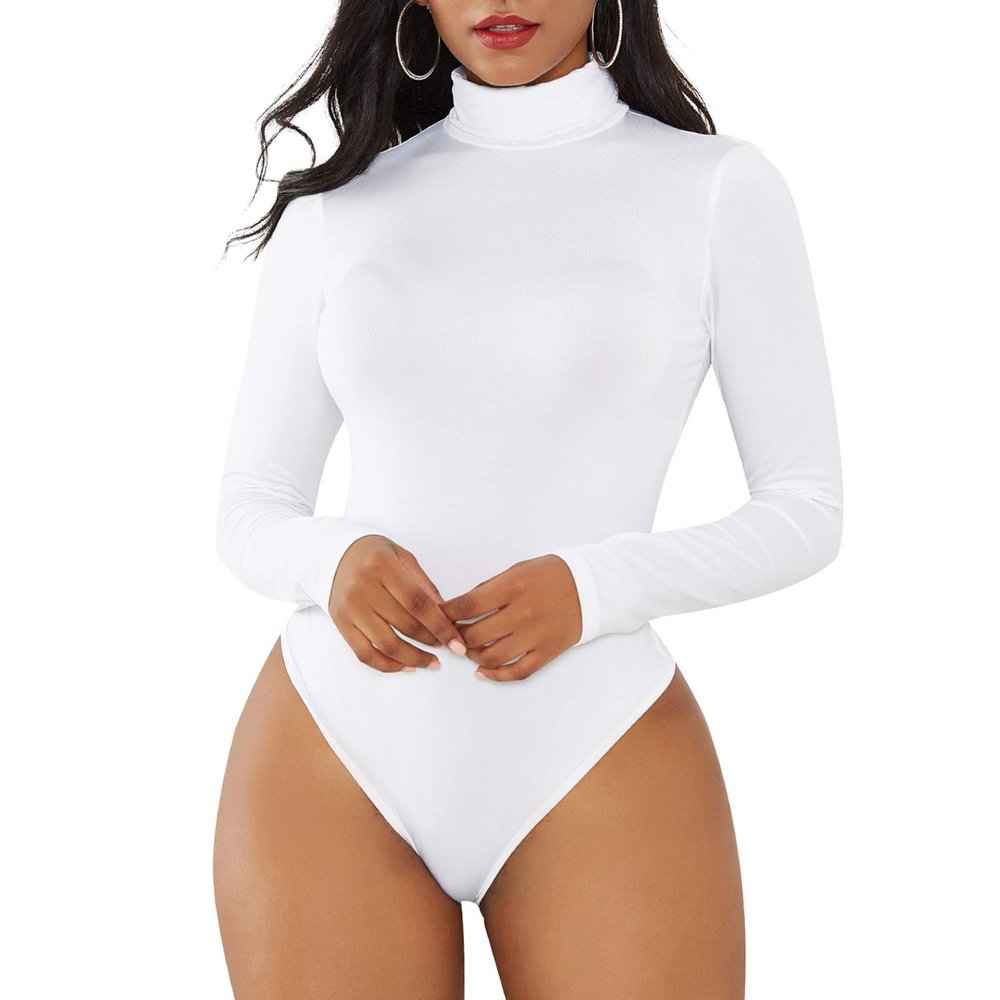 American Trends Bodysuit for Women Body Suit Long Sleeve Bodysuit Tops Turtleneck Leotards Shapewear White M