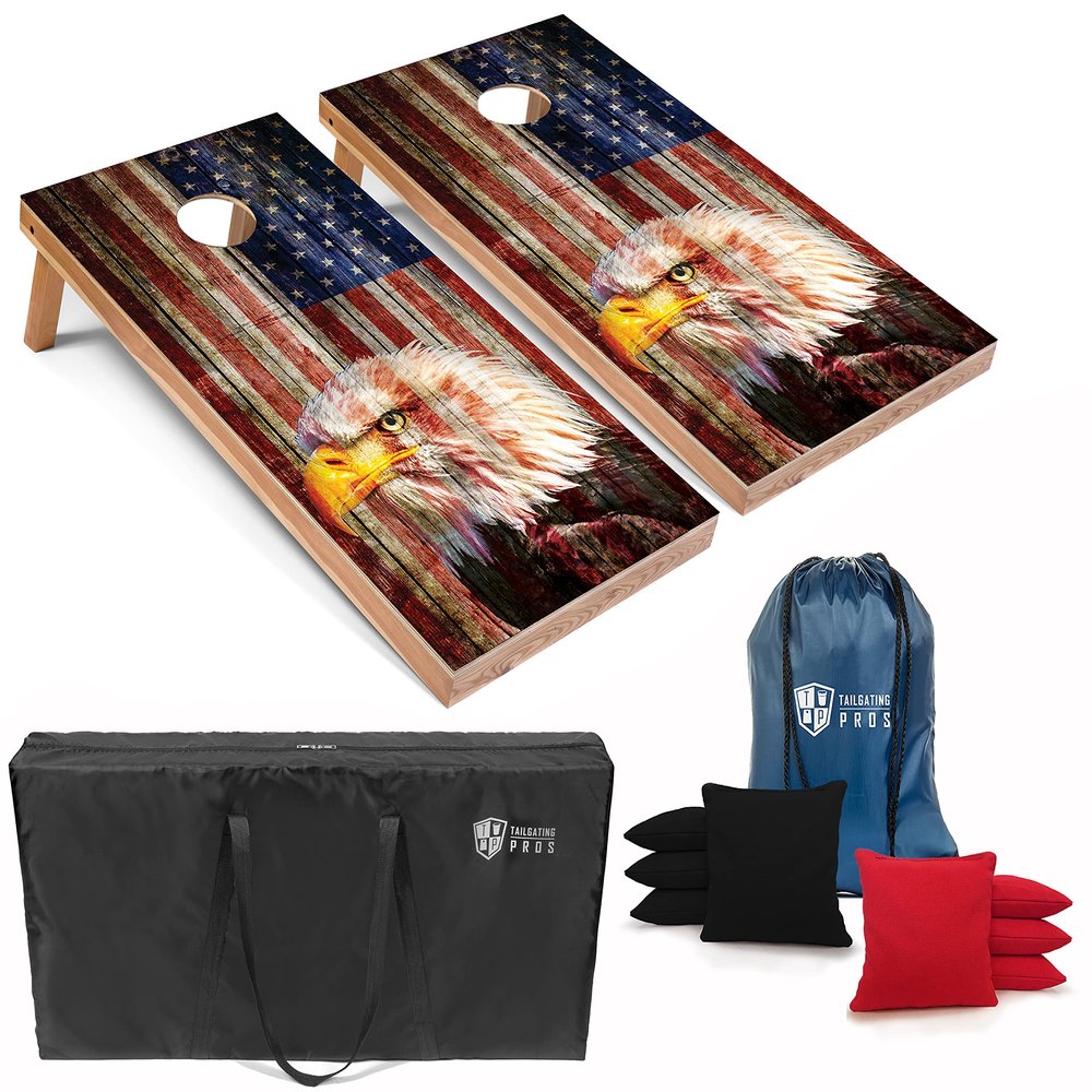 Tailgating Pros Patriotic Eagle US Flag Design Cornhole Board Set w/Bean Bags and Carrying Case - 4'x2' Corn Hole Toss Game - Optional LED Lights