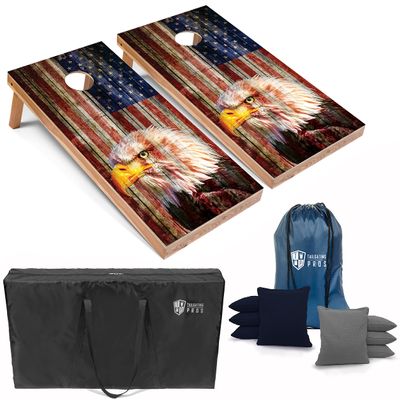Tailgating Pros Patriotic Eagle US Flag Design Cornhole Board Set w/ Bean Bags and Carrying Case - 4'x2' Corn Hole Toss Game - Optional LED Lights