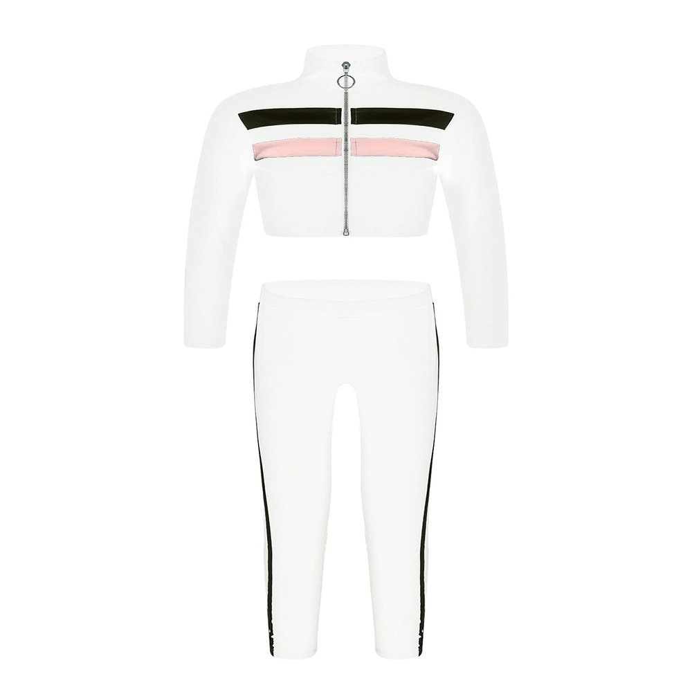 Loodgao Kids Girls Zipper Turtleneck Long Sleeve Crop Top with Leggings Tracksuit Set Gym Yoga Workout Outfits White 8