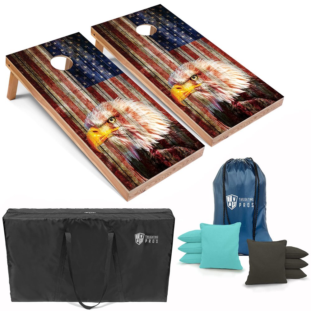 Tailgating Pros Patriotic Eagle US Flag Design Cornhole Board Set w/Bean Bags and Carrying Case - 4'x2' Corn Hole Toss Game - Optional LED Lights