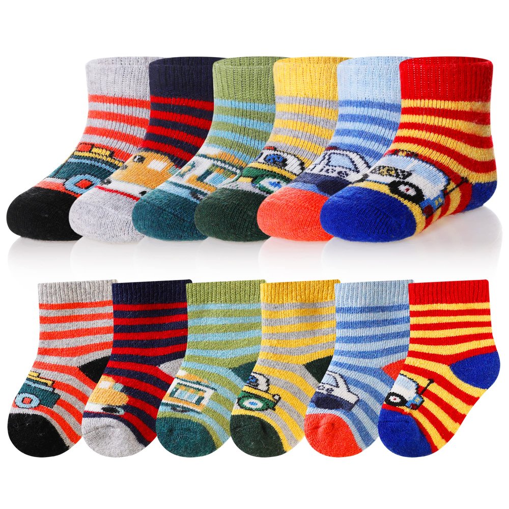 Eocom 6 Pairs Baby Boys Girls Wool Socks Infant Toddlers Kids Unisex Winter Thick Soft Warm Thermal Crew Socks (Stripe Car, 0-12 Months)