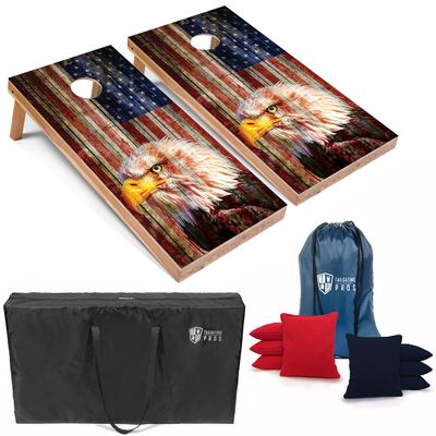 Tailgating Pros Patriotic Eagle US Flag Design Cornhole Board Set w/Bean Bags and Carrying Case - 4'x2' Corn Hole Toss Game - Optional LED Lights