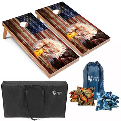 Tailgating Pros Patriotic Eagle US Flag Design Cornhole Board Set w/Bean Bags and Carrying Case - 4'x2' Corn Hole Toss Game - Optional LED Lights