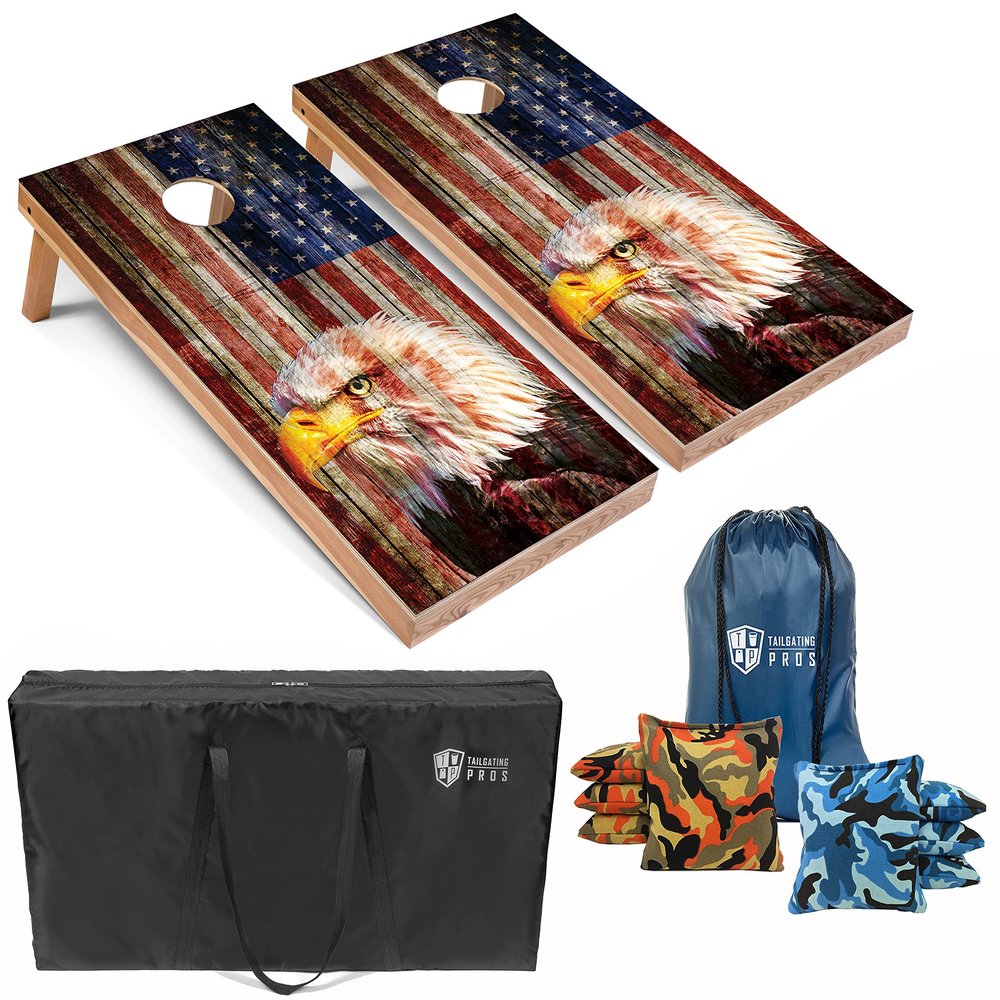Tailgating Pros Patriotic Eagle US Flag Design Cornhole Board Set w/Bean Bags and Carrying Case - 4'x2' Corn Hole Toss Game - Optional LED Lights