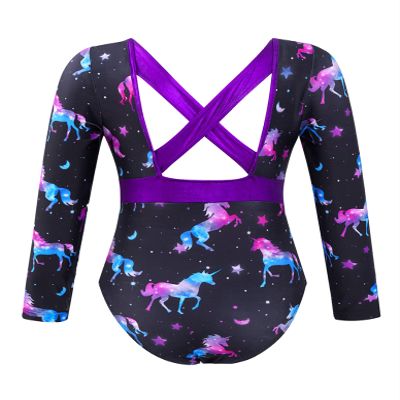 Loloda Girls' Cartoon Print Ballet Dance Leotard Gymnastics Bodysuit Long Sleeves Cross Back Dancewear Black 12 Years