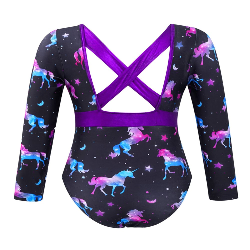 Loloda Girls' Cartoon Print Ballet Dance Leotard Gymnastics Bodysuit Long Sleeves Cross Back Dancewear Black 12 Years