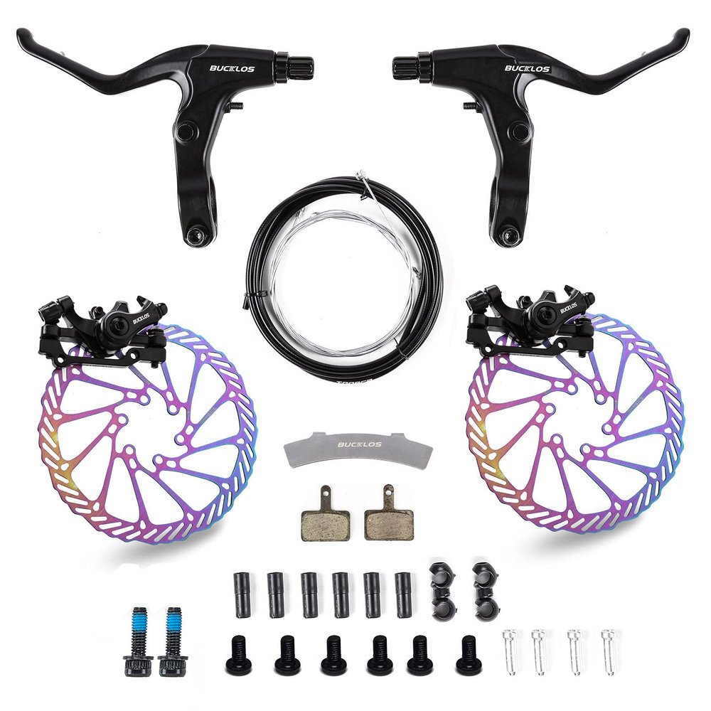 BUCKLOS Mountain Bike Disc Brake kit, MTB Mechanical Line Pulling Disc Brakes Caliper with Aluminum Alloy Levers /160mm Rotor,/is/PM Universal Adapter for Ebike/Folding Bike/Scooter/Fat Bike