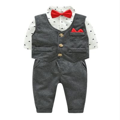 iiniim 4Pcs Baby Boys Gentleman Outfits Sets Long Sleeve Romper/Shirts + Vest +Pants +Bow Tie Wedding Party Tuxedos Suit Grey 6-9 Months