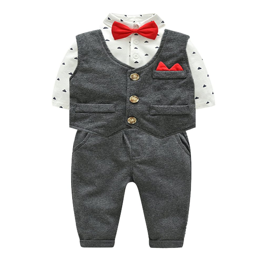 iiniim 4Pcs Baby Boys Gentleman Outfits Sets Long Sleeve Romper/Shirts + Vest +Pants +Bow Tie Wedding Party Tuxedos Suit Grey 6-9 Months
