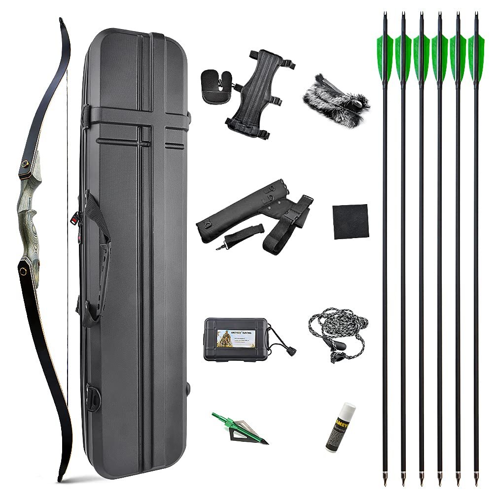 ZSHJGJR 60" Archery Recurve Bow 25-60lbs Takedown Hunting Bow and Arrow Set Right Handed Wooden Bow Riser for Adult Target Hunting Shooting (45lbs, Bow Set with Blue Bow Case)