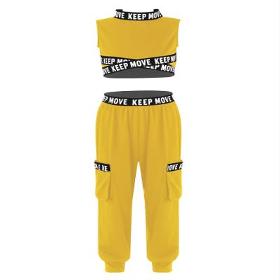 Yeahdor Girls 2 Piece Dance Sports Outfit Letter Printed Mock Crop Top with Harem Long Pants Yellow 4 Years