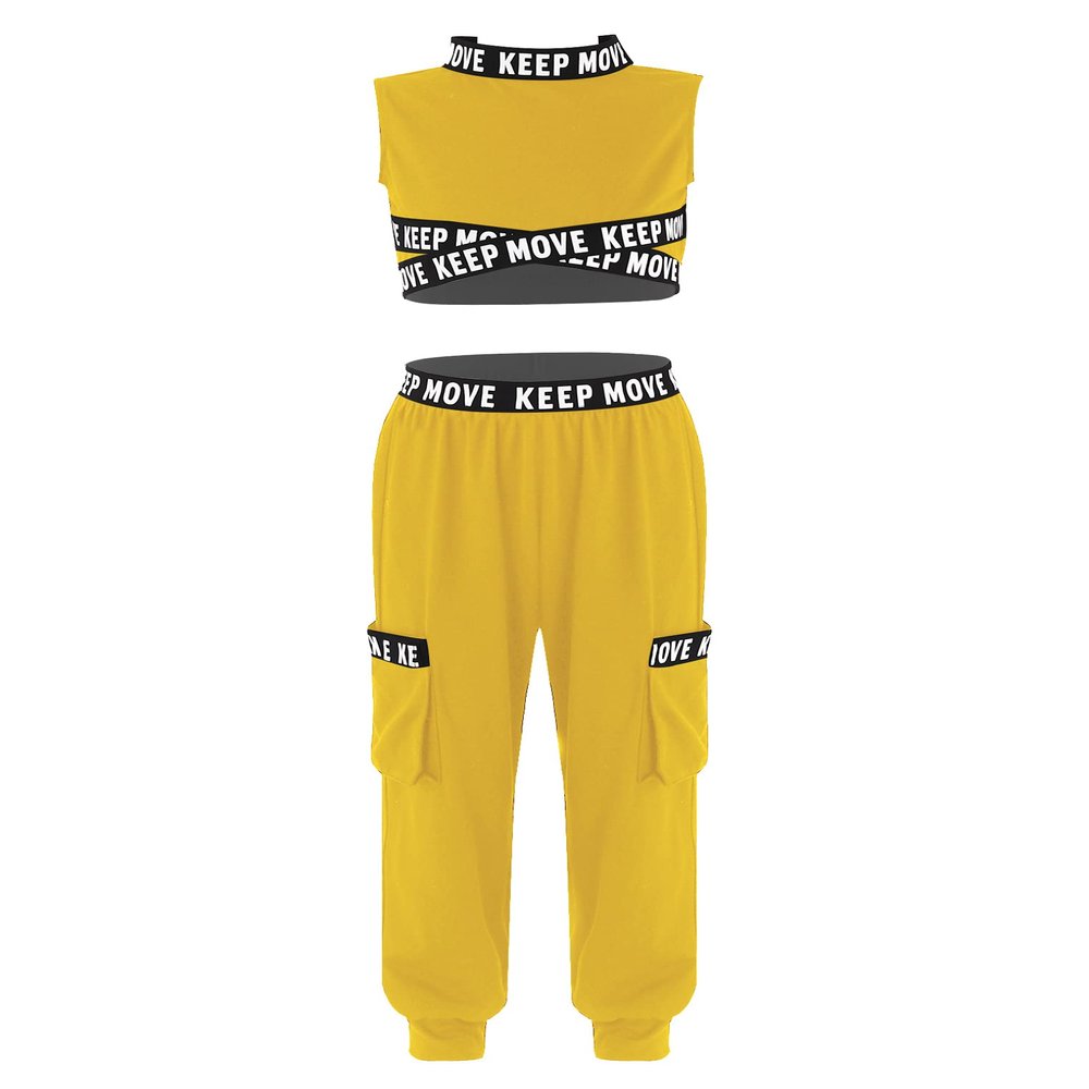 Yeahdor Girls 2 Piece Dance Sports Outfit Letter Printed Mock Crop Top with Harem Long Pants Yellow 4 Years
