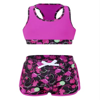 YONGHS Kids Girls 2 Pieces Bathing Suit Beach Swimsuit Sports Swimwear Tankinis Top with Shorts Set Rose Red 12