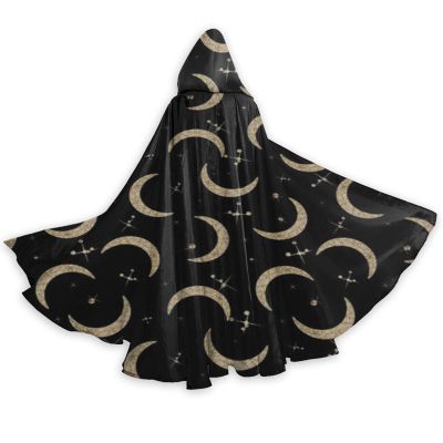 Halloween Wizard Witch Hooded Robe Gold Glitter Crescent Moon Stars Cloak Christmas Hoodies Cape Cosplay