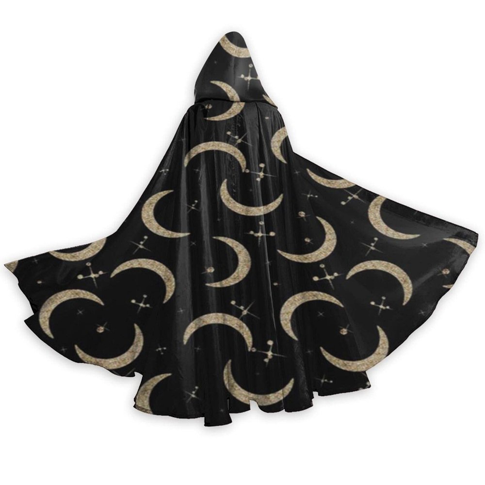 Halloween Wizard Witch Hooded Robe Gold Glitter Crescent Moon Stars Cloak Christmas Hoodies Cape Cosplay