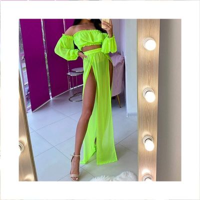 HANRUO Mesh Sheer Bikini Cover-ups Set See-Through Long Sleeve Crop Tops and Cover Up Skirts Swimwear Beach Dresses (Color : Green, Size : One Size)