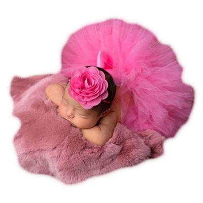 Baby Photography Props Boy Girl Photo Shoot Outfits Newborn Lovely Costume Tutu Dress Flower Headband (Mei Hong)