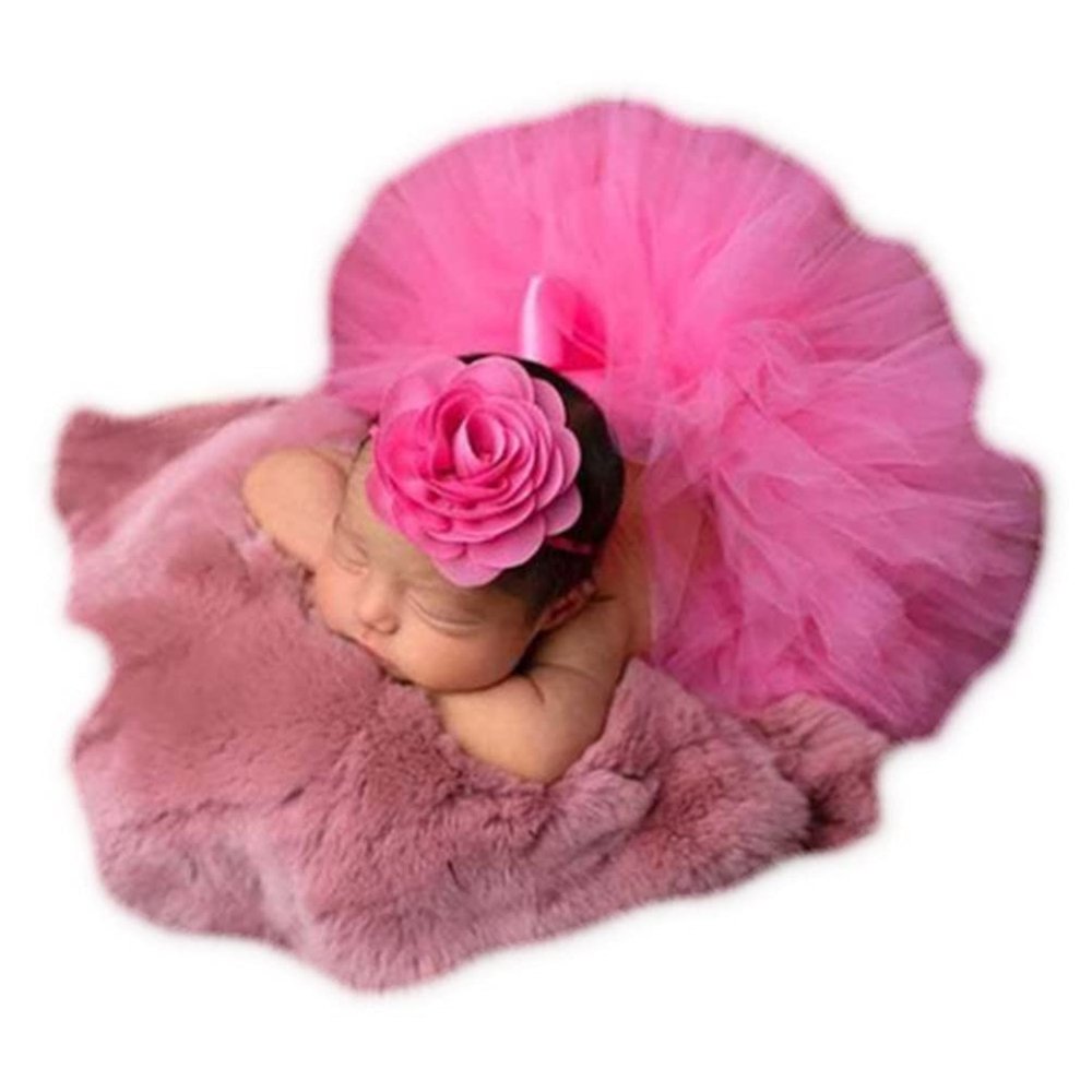 Baby Photography Props Boy Girl Photo Shoot Outfits Newborn Lovely Costume Tutu Dress Flower Headband (Mei Hong)
