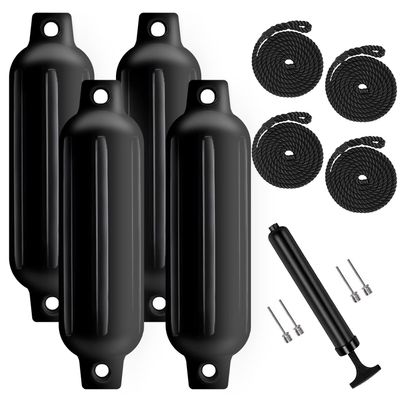Turmaster Boat Fenders 4 Pack 4.5'' x16'', Ribbed Twin Eyes Boat Fenders Bumpers for Docking, Inflatable Marine Boat Bumper with 4 Ropes, 4 Needles and 1 PumpBlack