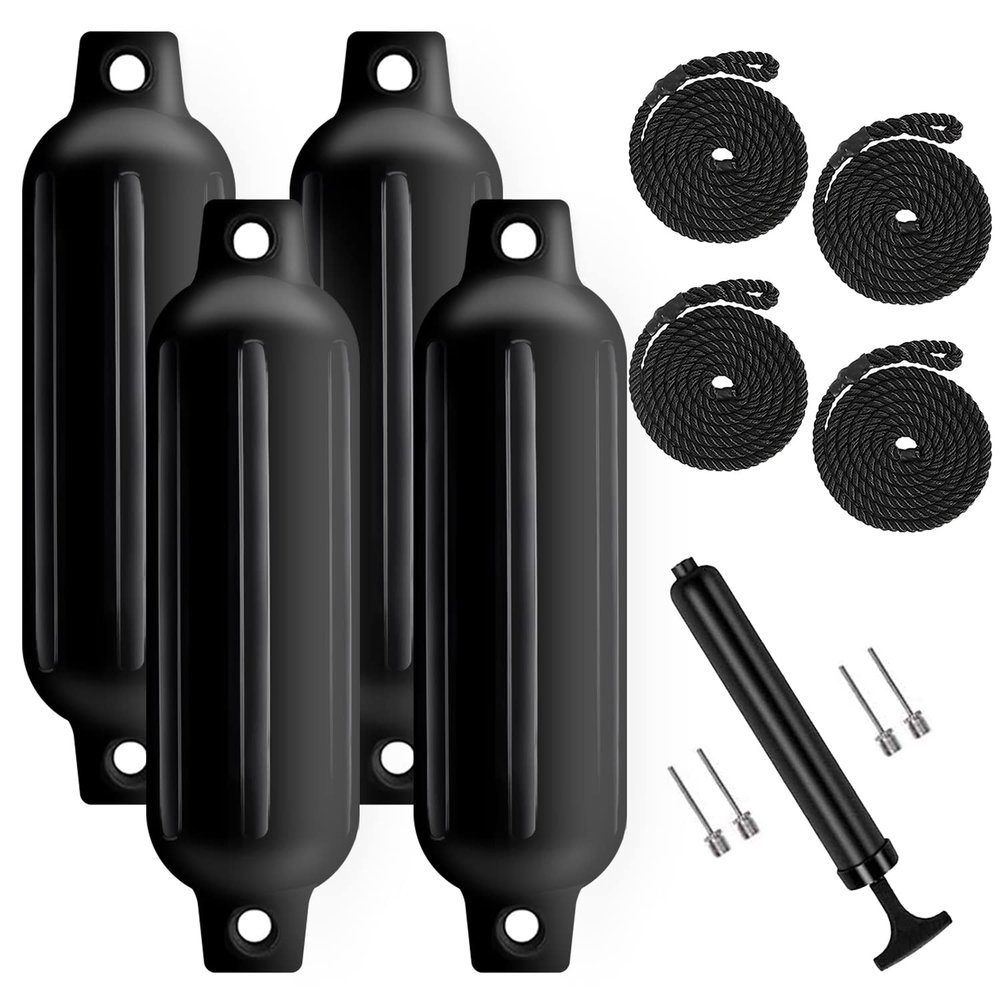 Turmaster Boat Fenders 4 Pack 4.5'' x16'', Ribbed Twin Eyes Boat Fenders Bumpers for Docking, Inflatable Marine Boat Bumper with 4 Ropes, 4 Needles and 1 PumpBlack
