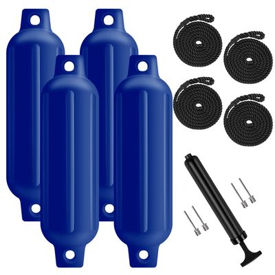 Turmaster Boat Fenders 4 Pack 4.5'' x16'', Ribbed Twin Eyes Boat Fenders Bumpers for Docking, Inflatable Marine Boat Bumper with 4 Ropes, 4 Needles and 1 PumpBlue