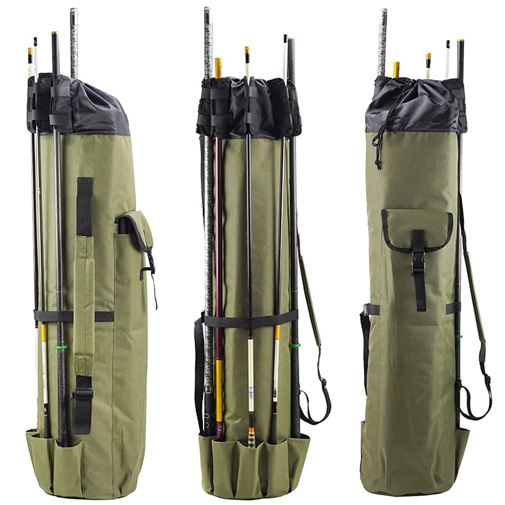 ANXVERS Fishing Rod Backpack, Multifunctional Fish Vertical Large Capacity Canvas Bag, Outdoor Fishing Rod Box, Waterproof and Durable Backpack, Which Can Accommodate 5 Fishing Rods - Military Green
