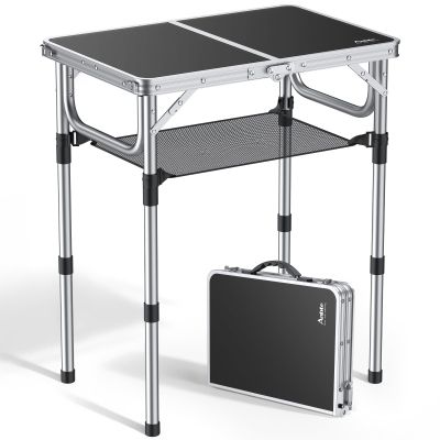 Anbte Folding Camping Table, Aluminum 24" x 16" Adjustable Height Small Folding Table with Carrying Handle, Lightweight, Portable Camping Table Waterproof for Outdoor Indoor Picnic Beach BBQ (Black)
