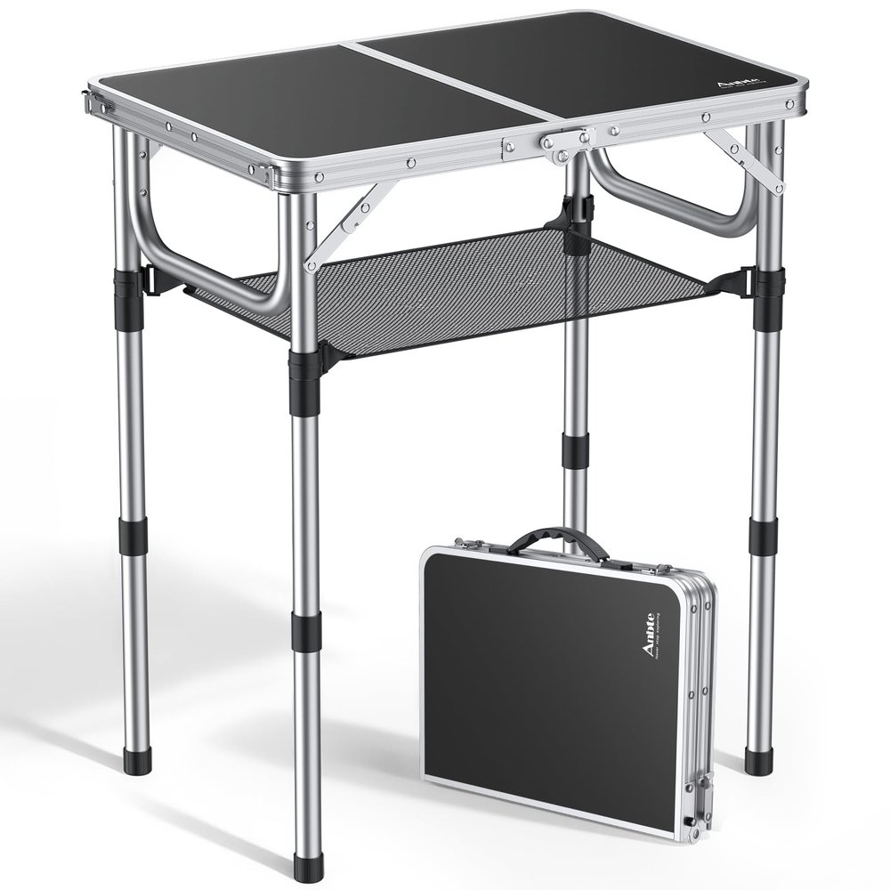 Anbte Folding Camping Table, Aluminum 24" x 16" Adjustable Height Small Folding Table with Carrying Handle, Lightweight, Portable Camping Table Waterproof for Outdoor Indoor Picnic Beach BBQ (Black)