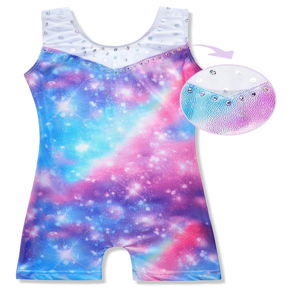 Belovance Leotards for Girls Gymnastics Unicorn Athletic Dance Wear Shiny Rainbow Blue Hotpink (Rainbow Galaxy, 9-10 Years)