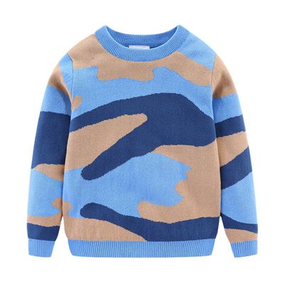 FLZS Boys Camouflage Sweater Crew Neck Long Sleeve Cartoon Casual Sweater Blue 3T