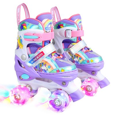 Rainbow Unicorn Kids Roller Skates for Girls Boys Toddler Ages 5-8,4-Pejiijar Adjustable Roller Shoes with Luminous Wheels for Birthday Xmas Gifts.