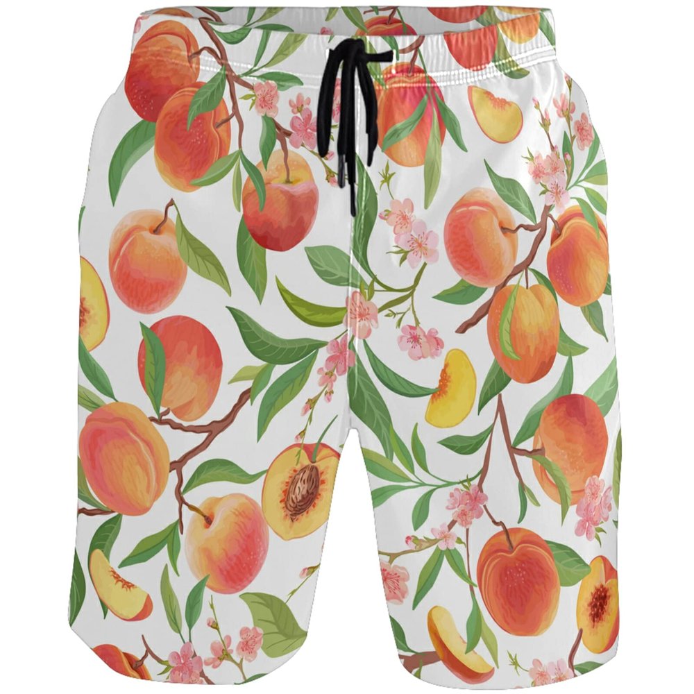visesunny Peach Tropic Fruit Leaf Flower Summer Men's Swim Trunks Quick Dry Bathing Suits Beach Holiday Party Swim Shorts