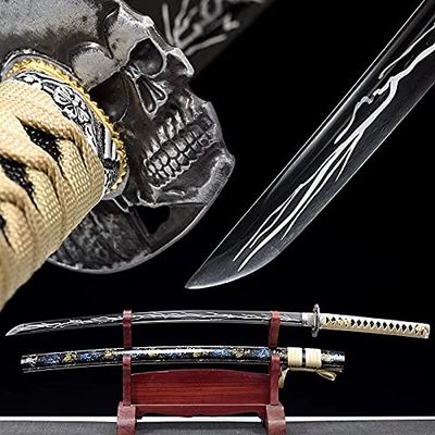 GLW Sword Skull Japanese Samurai Katana Real Handmade Full Tang Samurai Sword with Texture Blade Battle Ready Catana Japonesa Ornaments