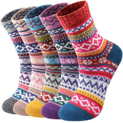 Clothclose 5 Pairs Wool Socks - Warm Wool Socks for Women, Vintage Women's Winter Sock, Thick Knit Cabin Crew Cozy Sock for Women