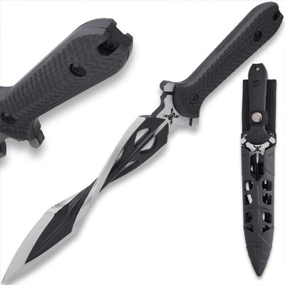 M48 Tsunami Fixed Blade With Vortec Sheath | Twist Blade Design | 7 1/2" Durable two-toned 3Cr13 stainless steel | Rugged Polypropylene Handle | Sub hilt on Handle | Partial serrated sawback | 15" Overall