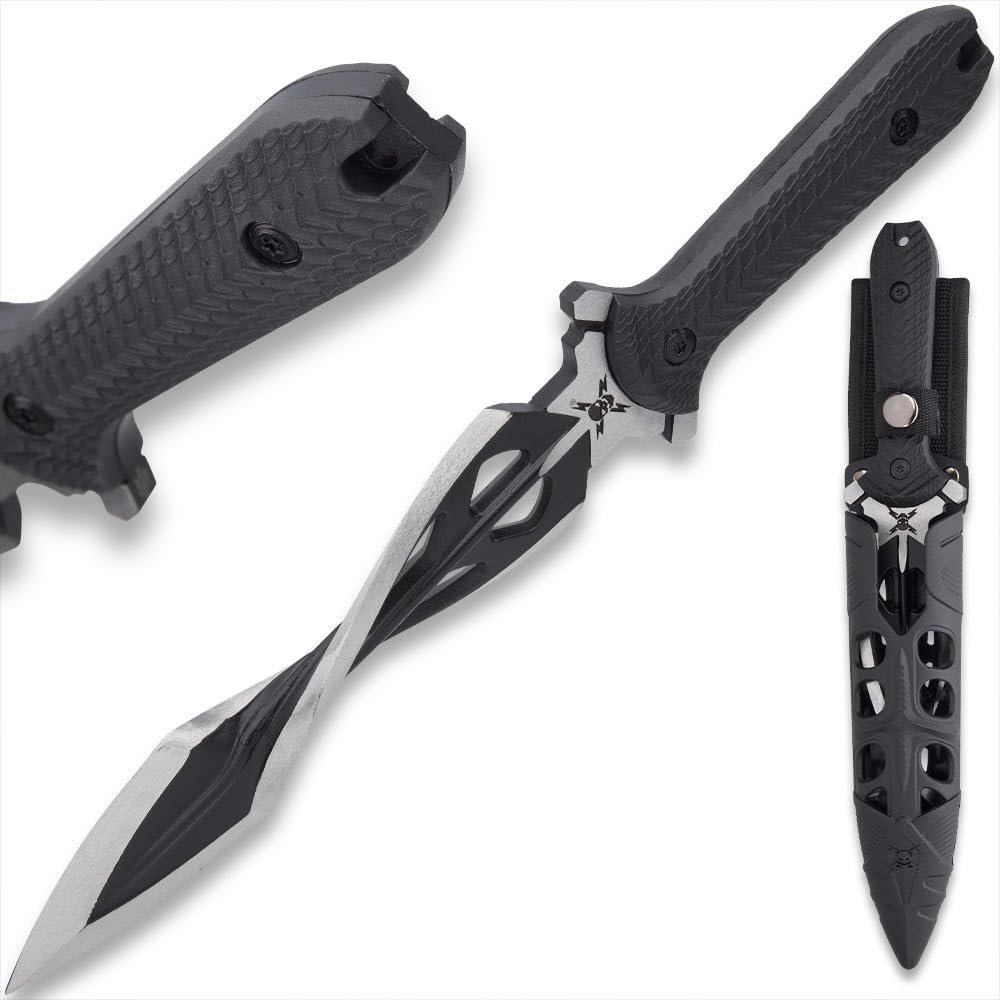 M48 Tsunami Fixed Blade With Vortec Sheath | Twist Blade Design | 7 1/2" Durable two-toned 3Cr13 stainless steel | Rugged Polypropylene Handle | Sub hilt on Handle | Partial serrated sawback | 15" Overall