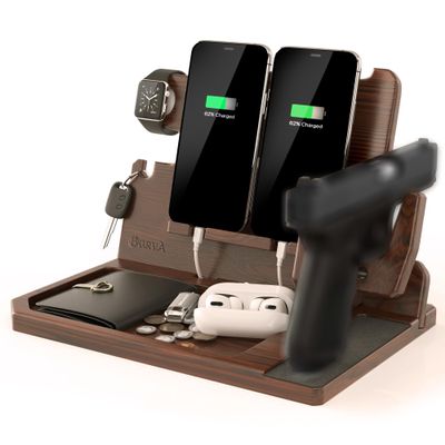 BarvA 2 Phone Docking Station | Patented Adaptive Wood Gun Rack | Night Stand Room Decor | Gun Accessories Gifts for Men | Smart Watch & Phone Stand | Charging Station Desk Organizer