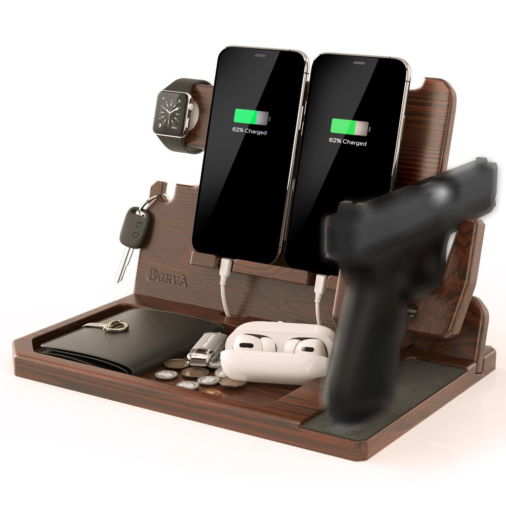 BarvA 2 Phone Docking Station | Patented Adaptive Wood Gun Rack | Night Stand Room Decor | Gun Accessories Gifts for Men | Smart Watch & Phone Stand | Charging Station Desk Organizer
