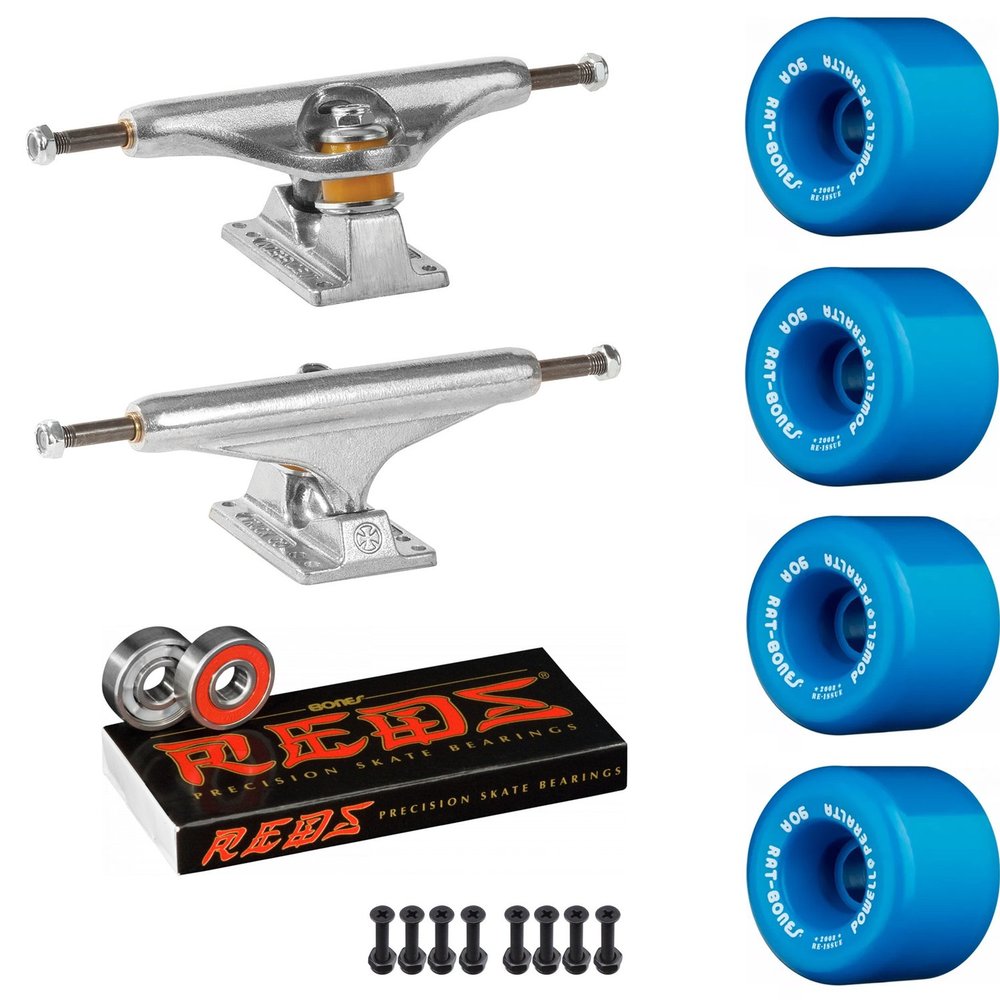 Independent Skateboards Old School Skateboard Pack with Independent 169 Trucks, Powell Rat Bones Blue Wheels, Bones Reds Bearings, Mounting Hardware, and Risers Stage 11 STD Raw 169 (9.125inch)