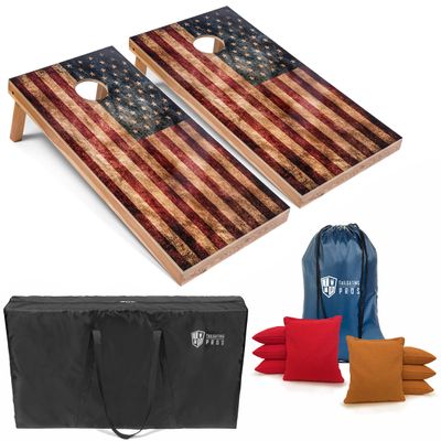Tailgating Pros Rustic American Flag Cornhole Boards w/Bean Bags - 4'x2' Distressed Flag Cornhole Game w/Carrying Case & Corn Hole Bags